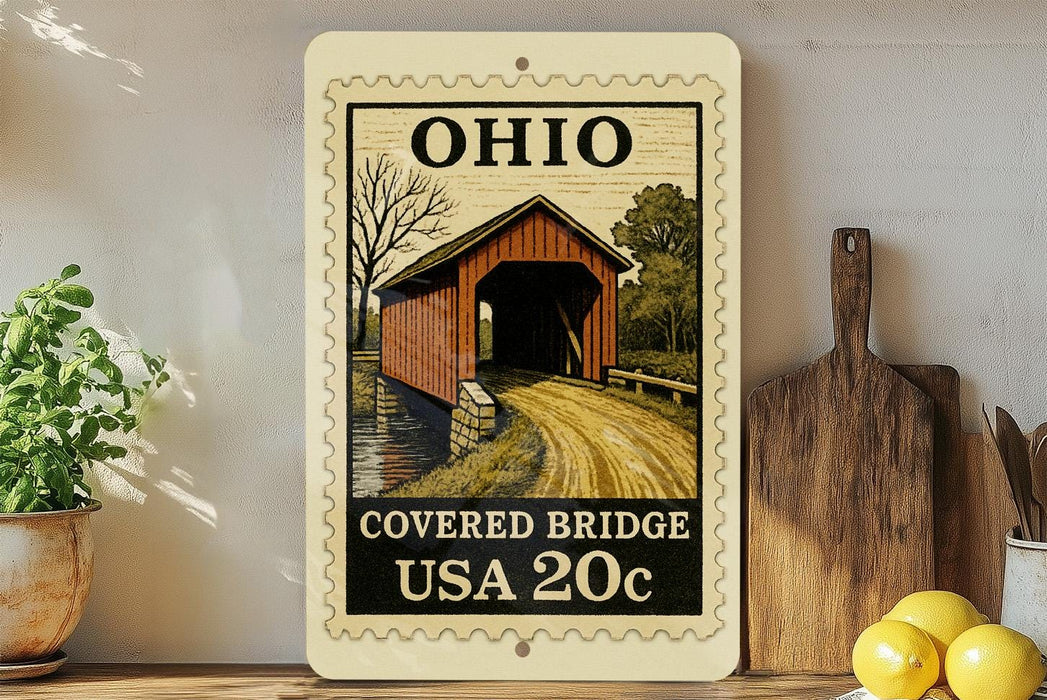 A framed image of a covered bridge in Ohio, with a stamp-like border, is displayed on a shelf next to kitchen utensils and a potted plant.