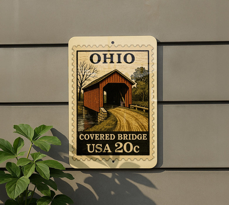 A sign that reads "OHIO COVERED BRIDGE USA 20c" is displayed on a wall, with a plant to the left of the sign.