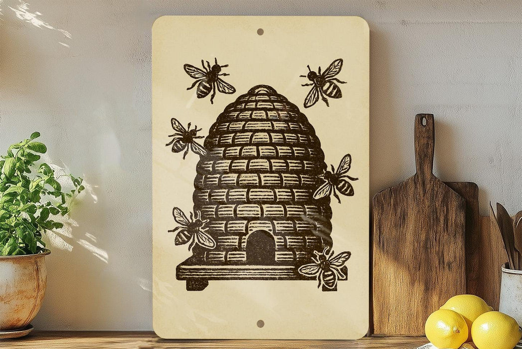 a beehive with bees on a wooden surface, surrounded by kitchen utensils and a potted plant.
