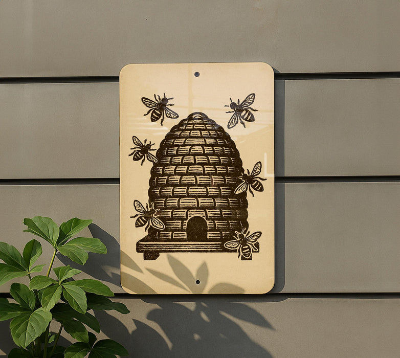 a beehive on a wall, with four bees surrounding it.