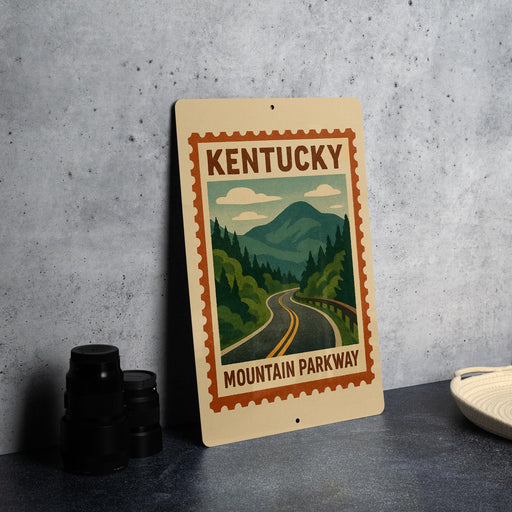 A sign for Kentucky Mountain Parkway, featuring a scenic mountain landscape with a winding road.