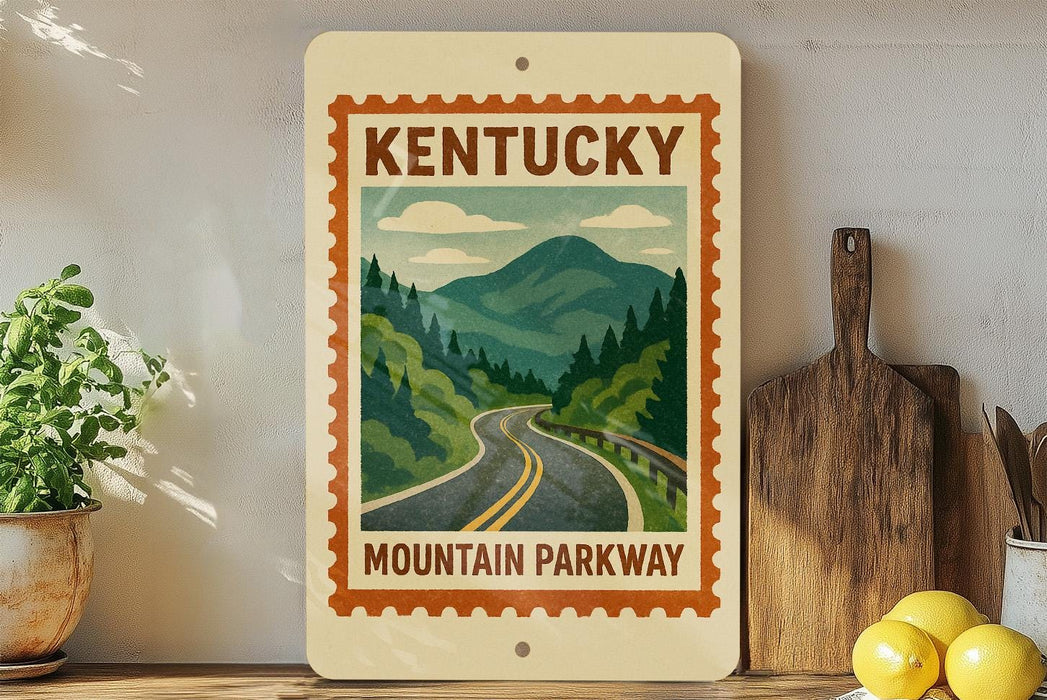 A vintage-style sign for Kentucky Mountain Parkway, featuring a scenic mountain landscape with a winding road, is displayed on a shelf next to a wooden cutting board and a potted plant.