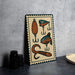 a metal sign with illustrations of fishing lures and fish on a beige background.