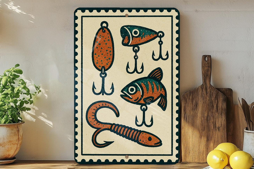 a wall-mounted sign with illustrations of fishing lures and fish, including a large fish, a smaller fish, and a large hook. The sign is surrounded by various kitchen utensils, such as a wooden cutting board and a knife block, as well as some lemons.