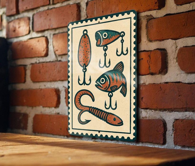 A metal sign with a decorative design of fishing lures and fish is mounted on a brick wall.