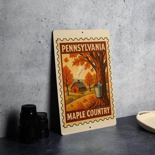 A framed poster of Pennsylvania maple country featuring a house, trees, and a bucket, placed on a countertop next to some black camera lenses.