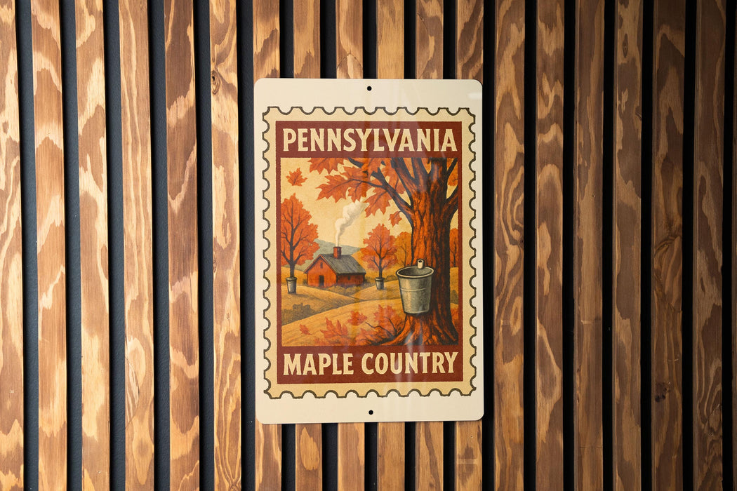A sign for Pennsylvania Maple Country, featuring an illustration of a maple syrup bucket and a maple tree, mounted on a wooden wall.