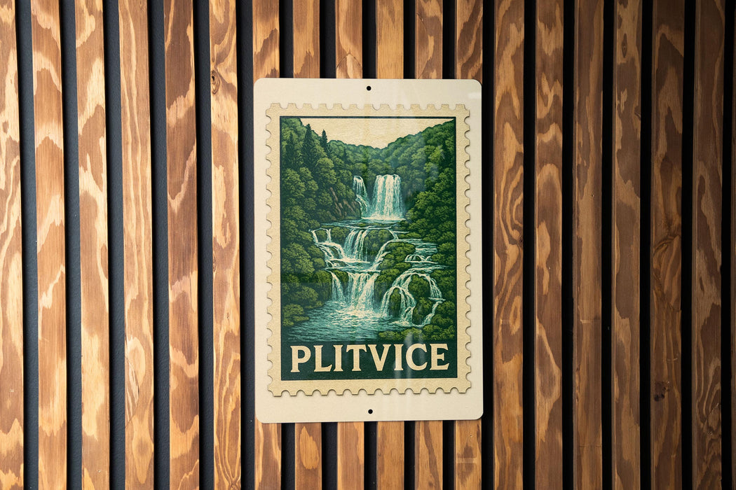 A postage stamp featuring a waterfall surrounded by lush greenery, mounted on a wooden wall.