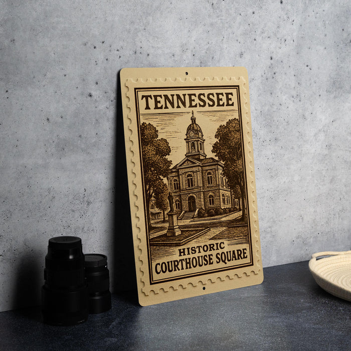 A decorative sign for the historic courthouse square in Tennessee, featuring an illustration of the building and the words "Historic Courthouse Square" printed on it.