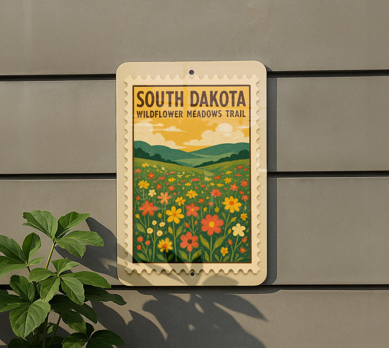 A sign for the South Dakota Wildflower Meadows Trail is displayed on a wall, featuring a vibrant illustration of a field of wildflowers.