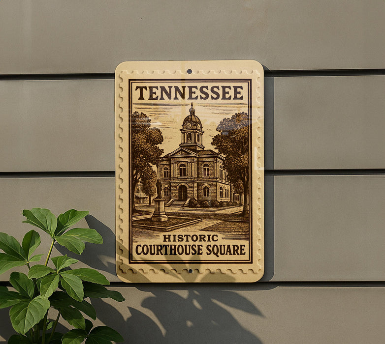 A sign for the historic courthouse square in Tennessee, featuring an illustration of the building and the words "Historic Courthouse Square" printed on it.