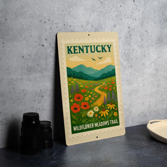 A sign for the Kentucky Wildflower Meadows Trail, featuring a scenic illustration of a meadow with flowers and a winding path.