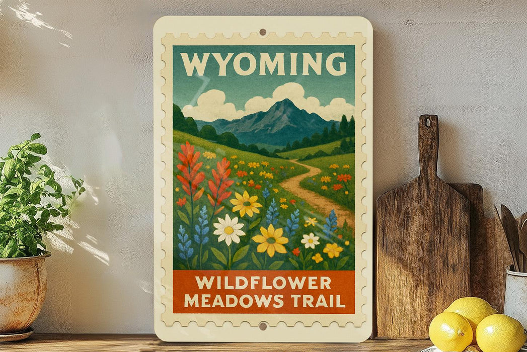 A framed poster of the Wildflower Meadows Trail in Wyoming, featuring a scenic landscape with mountains, a winding path, and colorful wildflowers.
