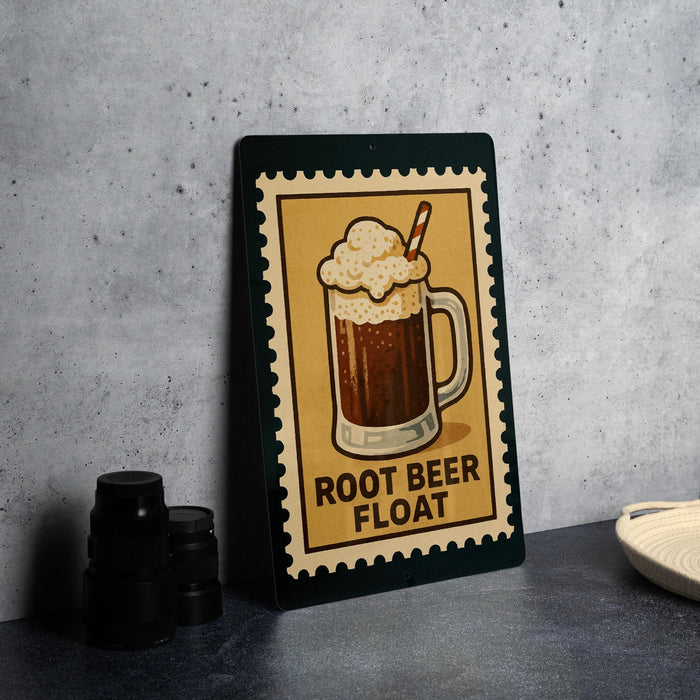 A framed illustration of a root beer float on a wall, accompanied by the text "ROOT BEER FLOAT" in a vintage style.