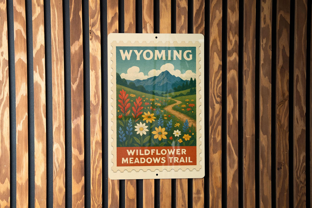 A poster for the Wildflower Meadows Trail in Wyoming, featuring a scenic landscape with mountains, flowers, and a winding path.