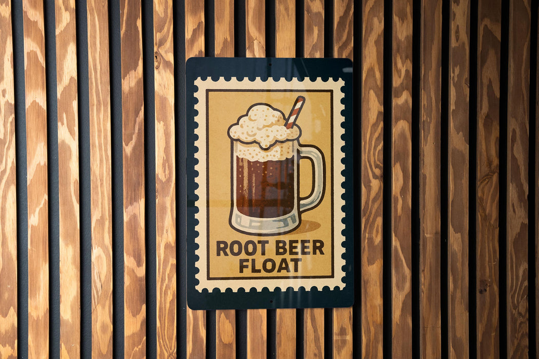 A sign with a picture of a root beer float on it, mounted on a wooden wall.