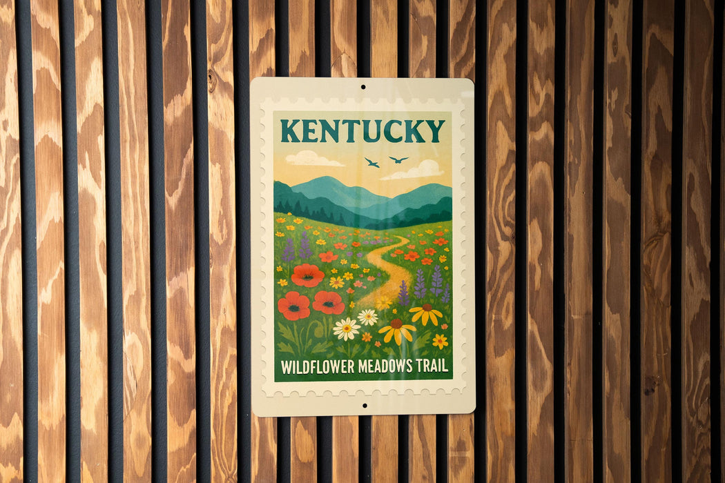 A sign for the Kentucky Wildflower Meadow Trail is displayed on a wooden wall.