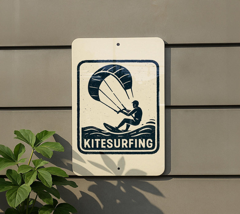 A sign indicating kitesurfing is mounted on a wall, with a plant visible to the left.