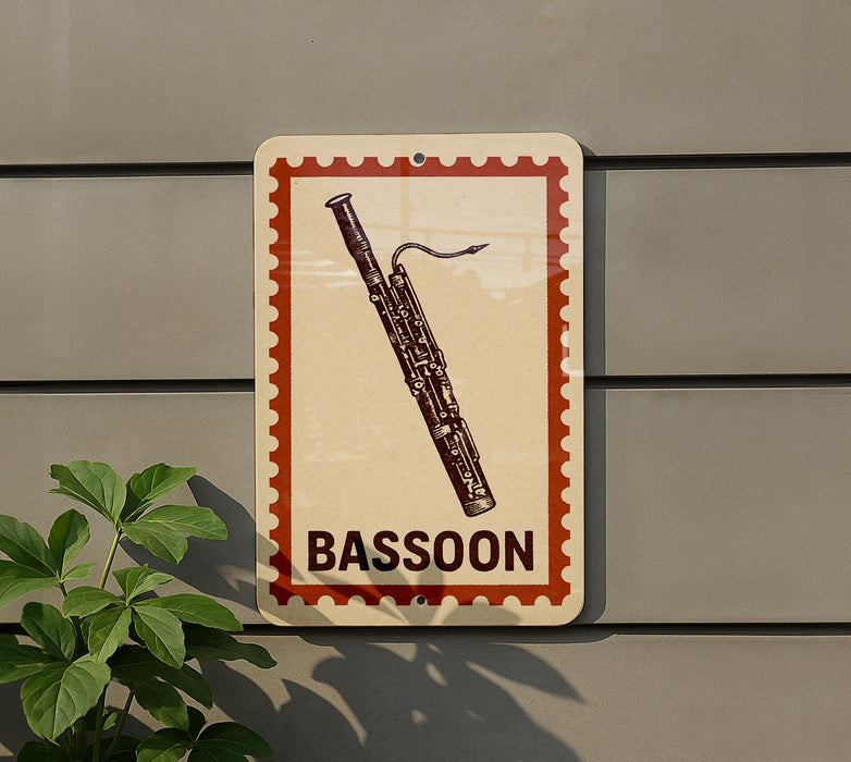 a sign with a bassoon illustration on it, mounted on a wall.