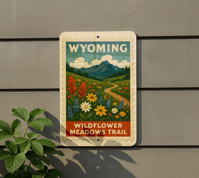 A sign for the Wildflower Meadows Trail in Wyoming, featuring a scenic landscape with mountains, a winding path, and colorful wildflowers.