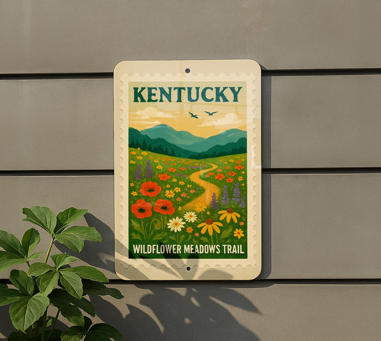 A sign for the Kentucky Wildflower Meadows Trail is displayed on a wall, featuring a vibrant illustration of a meadow with colorful wildflowers and a winding path.
