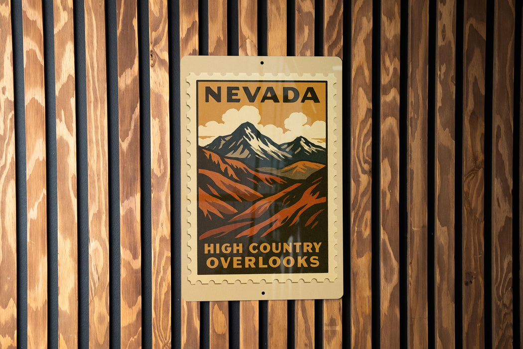 A Nevada postage stamp with a mountain landscape is displayed on a wooden wall.
