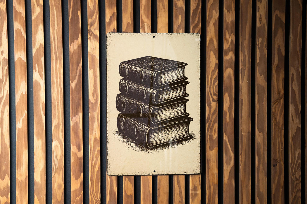 A metal sign with a stack of books on it is mounted on a wooden wall.