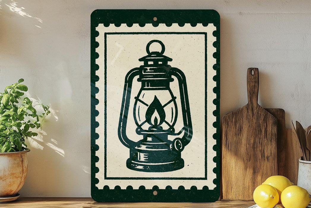 a black and white lantern with a flame on it, displayed on a shelf next to a wooden cutting board and a potted plant.