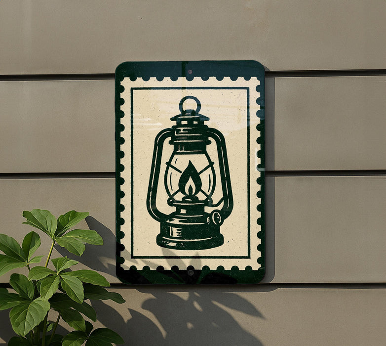 A green and white sign with a lantern illustration is mounted on a wall, next to a plant.