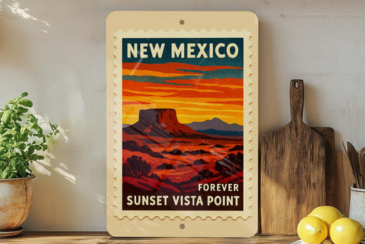 A vintage-style poster of the Sunset Vista Point in New Mexico, featuring a desert landscape with mountains in the background and a warm sunset sky.