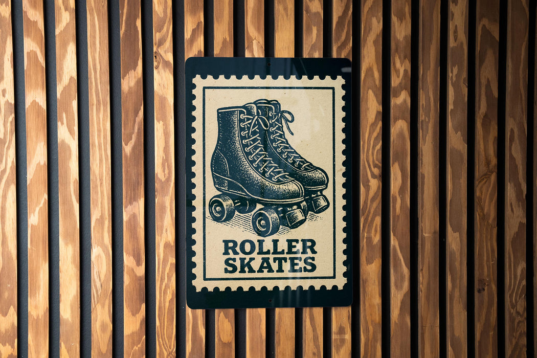A sign with a roller skate illustration is mounted on a wooden wall.