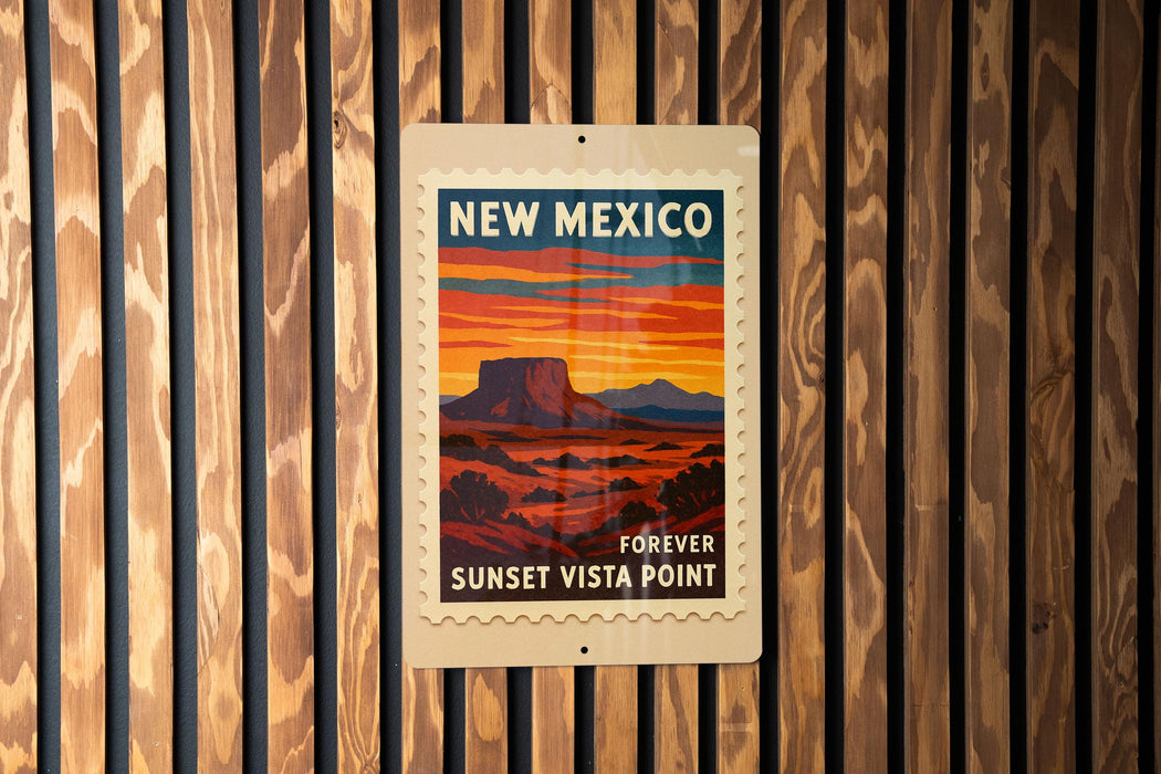 A vintage-style poster of the Sunset Vista Point in New Mexico, featuring a desert landscape with mountains in the background and a sunset over the horizon.