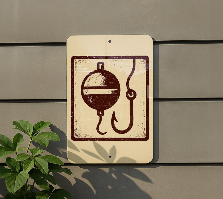 a sign with a fishing symbol, including a bobber and a fishing line, mounted on a wall.