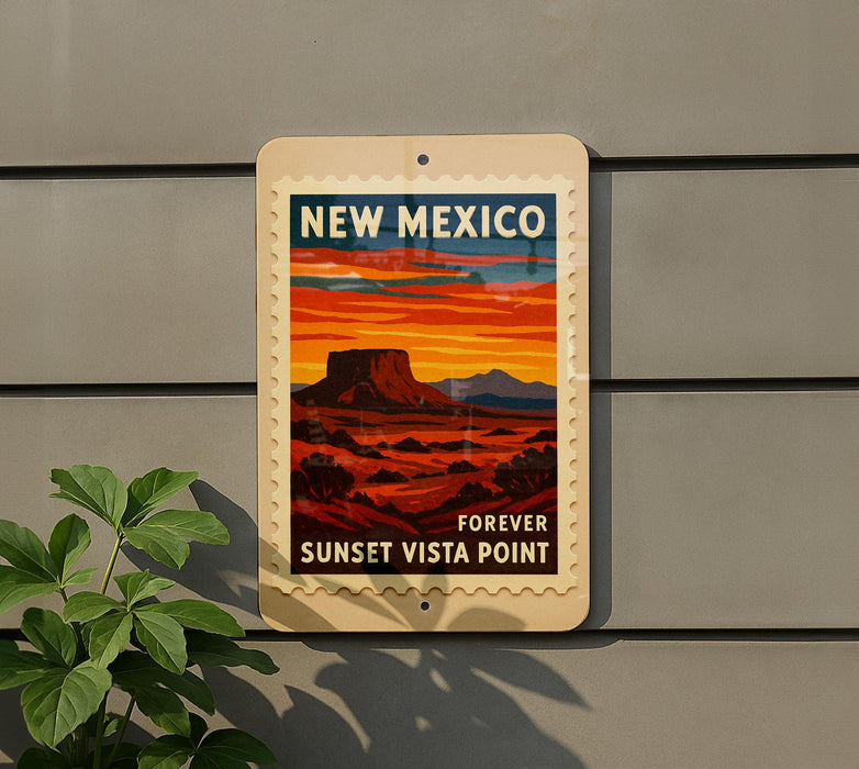A vintage-style sign for New Mexico's Sunset Vista Point, featuring a desert landscape with a mountain in the background and the text "NEW MEXICO" at the top.