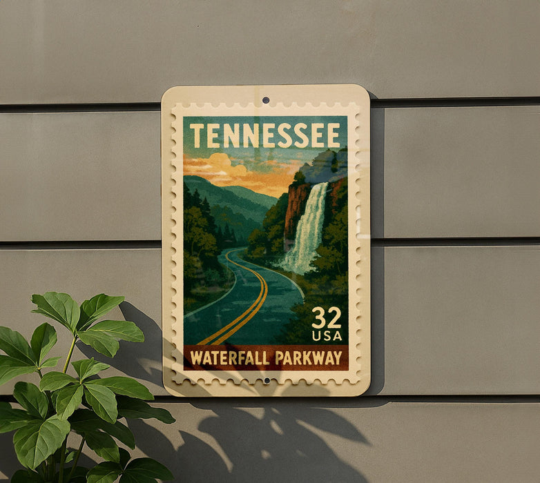 A Tennessee postage stamp featuring a scenic image of the Waterfall Parkway, with the text "TENNESSEE" and "32 USA" printed on it.