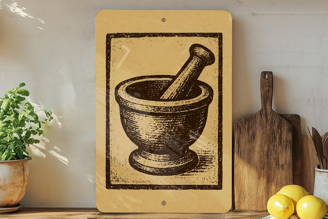 a wooden bowl with a mortar and pestle, a potted plant, a wooden cutting board, and some lemons on a shelf.