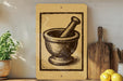 a wooden bowl with a mortar and pestle, a potted plant, a wooden cutting board, and some lemons on a shelf.