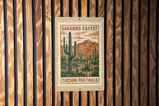 A wooden wall with a framed poster of a desert landscape featuring cacti and mountains.
