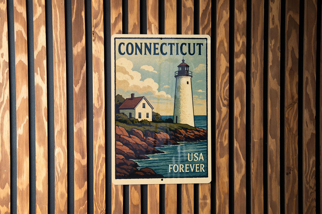 A vintage-style poster of a lighthouse and a house, with the text "Connecticut USA Forever" displayed prominently.