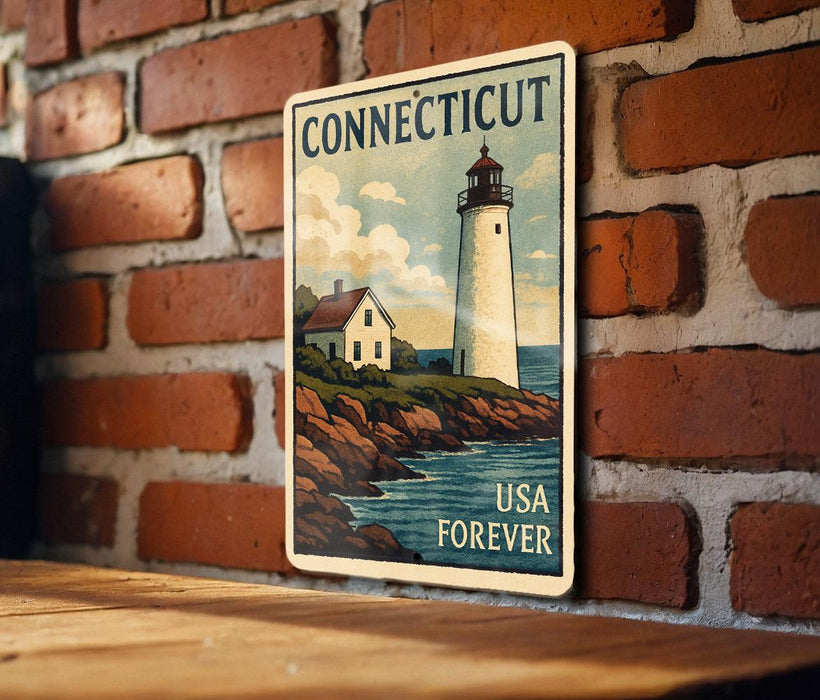 A vintage-style poster of a lighthouse on a brick wall, with the text "Connecticut USA Forever" below it.