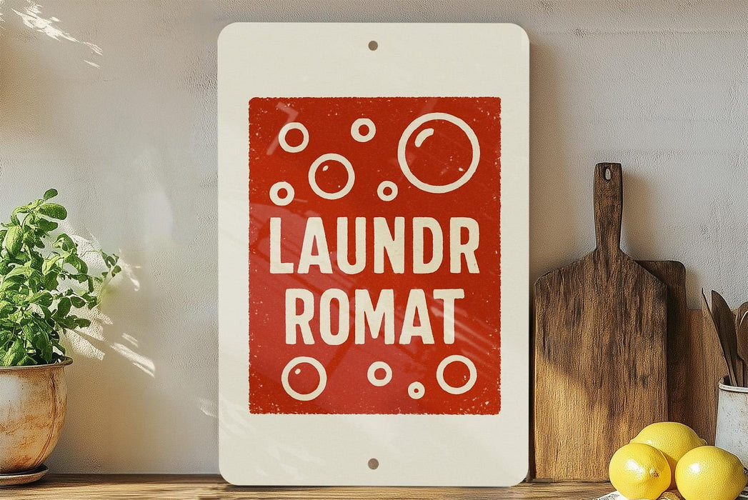 A red and white sign with the text "Laundromat Romat" is displayed on a shelf, accompanied by a wooden cutting board and a potted plant.