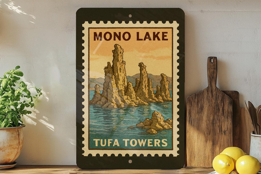 A framed poster of the Tufa Towers in Mono Lake, with a vintage-style illustration of the towers and a body of water.