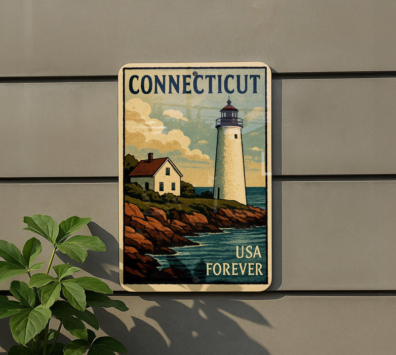 A vintage-style sign depicting a lighthouse and a house, with the text "Connecticut USA Forever" displayed prominently.