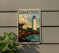A vintage-style sign depicting a lighthouse and a house, with the text "Connecticut USA Forever" displayed prominently.