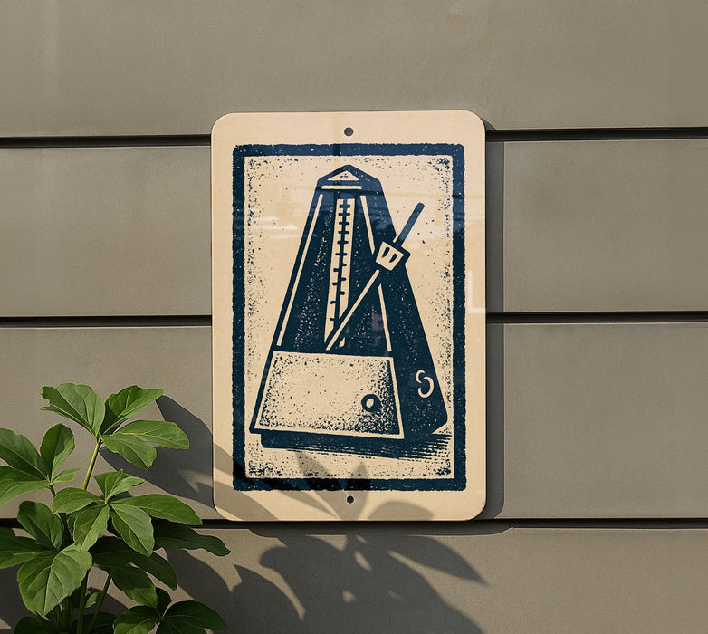 a sign with a blue and white design depicting a metronome, a musical instrument used to measure time.