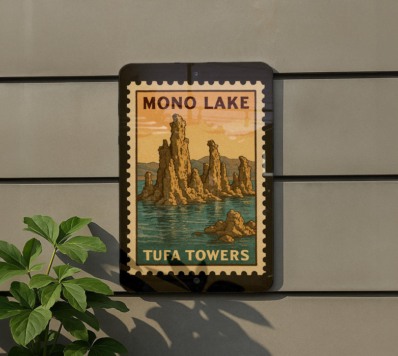 A sign for Mono Lake, featuring a scenic illustration of the Tufa Towers, is displayed on a wall next to a plant.