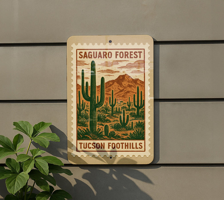 A metal sign with a desert landscape and cacti, mounted on a wall.