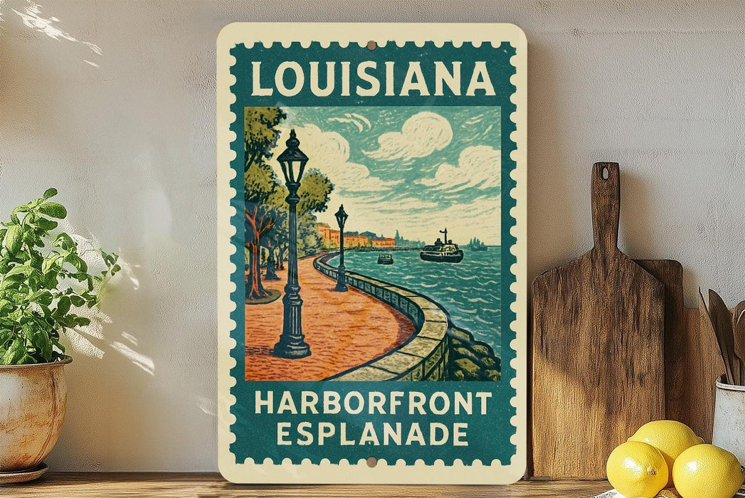 A vintage-style metal sign for Louisiana Harborfront Esplanade, featuring a scenic illustration of a waterfront promenade with lampposts, boats, and a lighthouse.