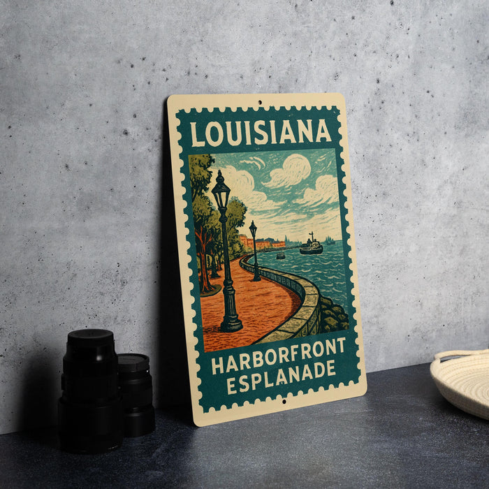 A metal sign with a vintage-style illustration of a coastal scene, featuring a lighthouse, boats, and a beach, is displayed on a table.