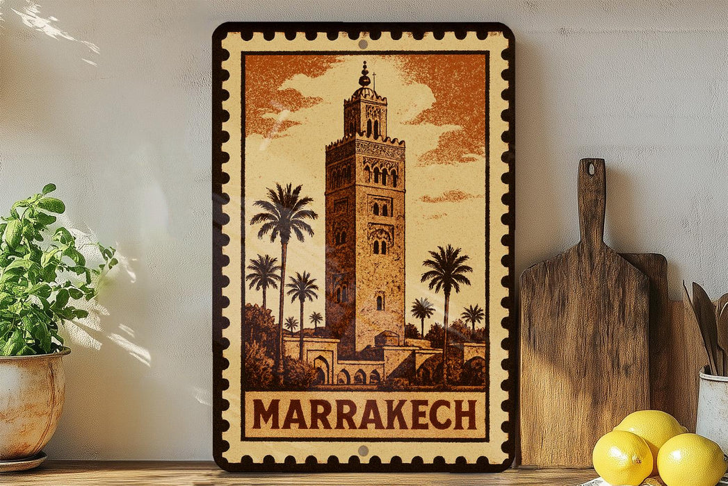 A framed illustration of the Marrakech Tower, a famous landmark in Morocco, is displayed on a shelf next to a wooden cutting board and some potted plants.